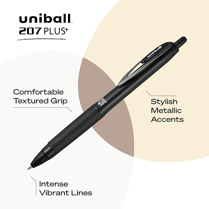Uni-Ball 207+ Black Retractable Gel Pens 4 Pack with Micro 0.5mm Points, Uni-Ball Click Pens are Fraud Proof and the Best Office, School, and Bible Pens