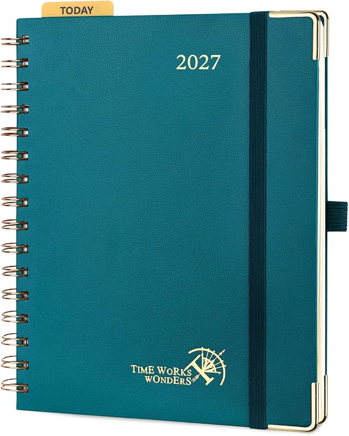 POPRUN 2027 Planner Daily Weekly and Monthly Calendar with Hourly Schedule(Medium Size 8.5'' x 6.25'' Wire-Bound Hard Cover) - Agenda 2027 (Jan.2027-Dec.2027), Monthly Tabs - Pacific Green