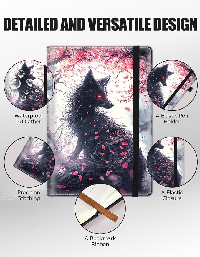 Hardcover Executive Notebooks, A5 PU Leather Lined Journal Notebook, 200 Pages Thick Paper Subject Notebooks for School,Work,Home Writing Business Notebook, Diary Book ，Kitsune Fox