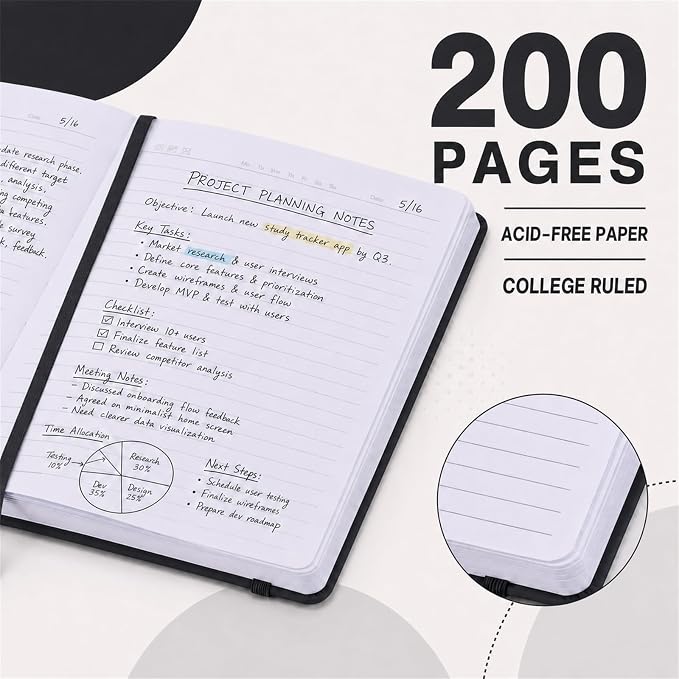SUIN Hardcover-Journal-Notebooks, A5 Lined Journals Notebook for Writing 200 Pages, 8.2 x 5.5 inch, Classic Ruled Notebooks for Work/Travel/College (Black- 1 Pack)