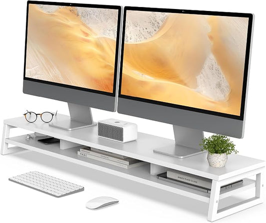 Fenge Dual Monitor Riser for Desk, Open Shelf with 3 Storage Compartments | 42.5in Computer Monitor Stand, 2-Tier Desk Shelf for Top of Desk,One-Piece Panel, fit Ultrawide Monitor, PC, Laptop, White