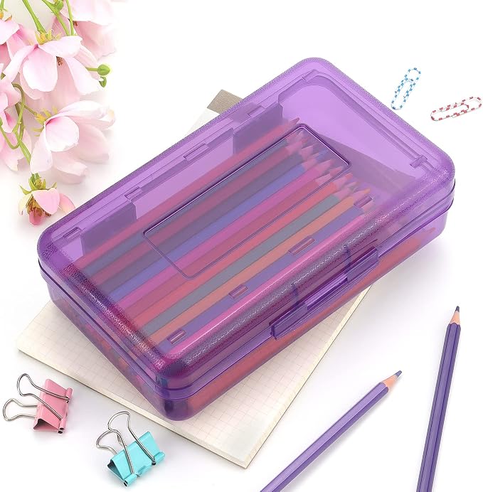 Tamaki 1 Pack Plastic Pencil Box Large Capacity, Purple | Clear Boxes with Snap-tight Lid Stackable Design and Stylish Office Supplies Storage Organizer
