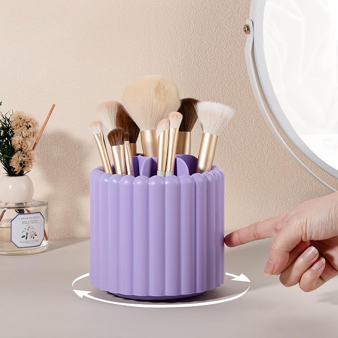Rotating Makeup Brush Holder Organizer with Removable Dividers, Purple | 7 Slots Make Up Brush Organizer 360 Spinning Cosmetic Storage Pen Holder for Desk, Vanity, Dresser