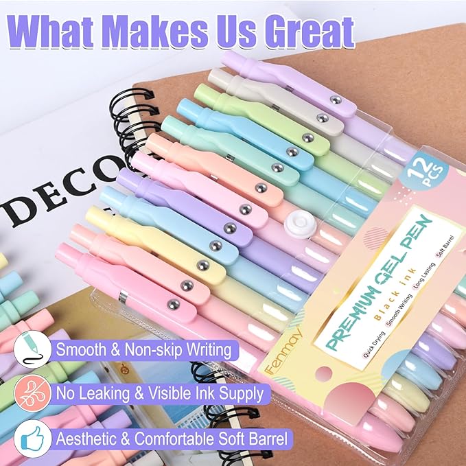 Fenmay Gel Pens, 12 Pcs 0.5mm Fine Point Aesthetic Pens, Quick Dry No Smudge, Smooth Writing Comfortable Grip Pen, Cute Black Ink Journaling Pens for School Supplies Office Desk Accessories