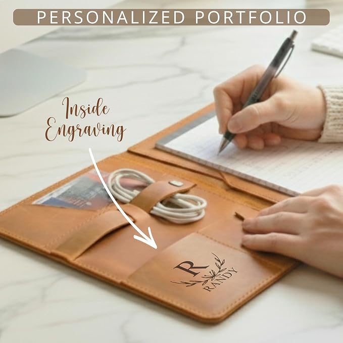 Personalized Leather Portfolio Journal for Men, Women - Custom Business & Organizer A4 A5 Document Binder for Coworker, Employee, Retirement, Company, Office Gifts, Gift for Him, Her, Father’s Day