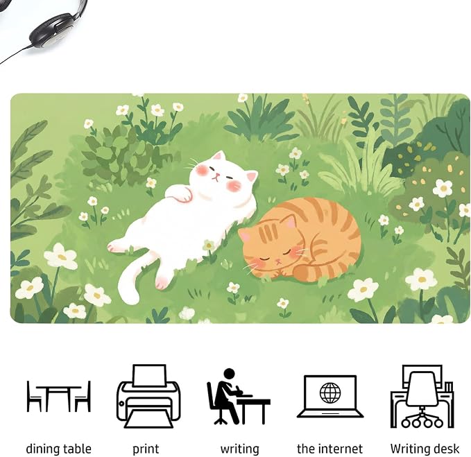 Cat Kitten Grassland Leather Desk Mat Extended Gaming Mouse Pad | Non-slip Large Writing Pad Laptop Blotter Computer Keyboard Mat | Cute Kawaii Desk Protector for Home Office 23.6" x 11.8"
