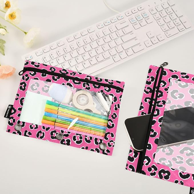 Emelivor Leopard Pink Pencil Pouch for 3 Ring Binder 2 Pack Binder Pencil Pouches Zippered Clear Pencil Case Cosmetic Bag for Storing College Office Supplies