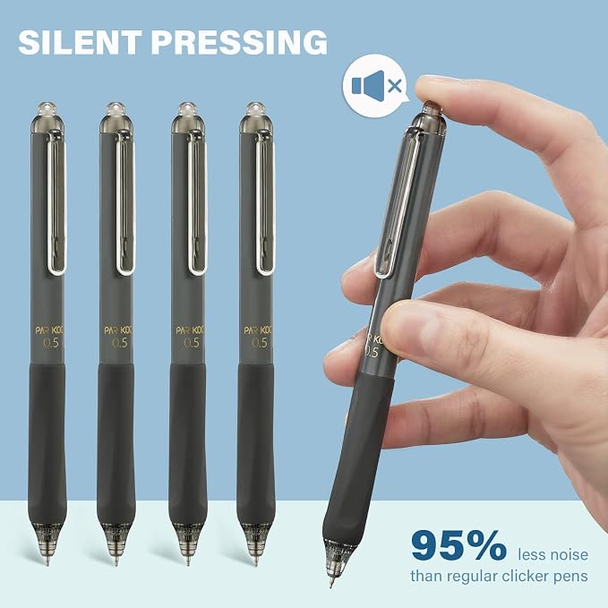 ParKoo Gel Pens Quick Dry Ink Fine Point 0.5mm, Retractable Rolling Ball Black Ink, Click Silent Pens Set for Journaling Notetaking Drawing Sketching Smooth Writing Non Bleed 12pcs