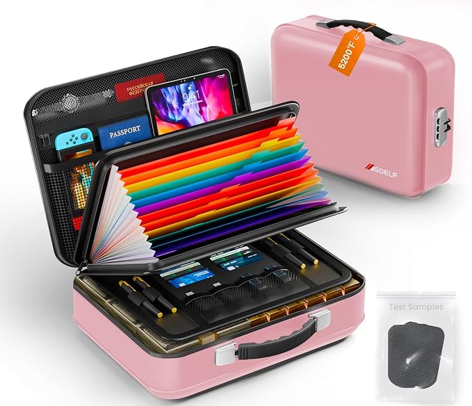 Fireproof Document Box with Lock, 5200°F Fireproof Water Resistant Hard Case File Organizer Safe Box for Important Documents, Certificates, Laptop, Passports (Pink)