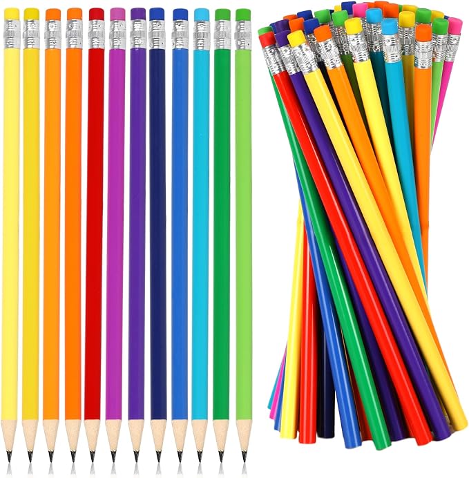 Whaline 48Pcs Colorful Pencils with Erasers Back to School Rainbow Color Wooden Pencil Unsharpened Writing Drawing Pencil for Students Graduation School Office Stationery Gift