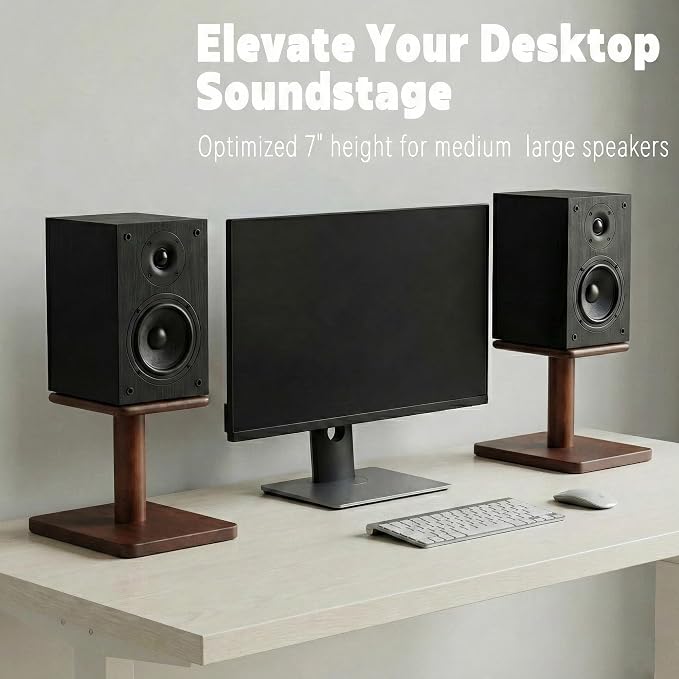 Desktop Speaker Stands Made of Pure Solid Wood, Natural Style, 360° Rotatable Top Plate, Suitable for Medium/Large Tabletop Speakers and Studio Monitors (Walnut Brown Finish_DSS9(9 inch))