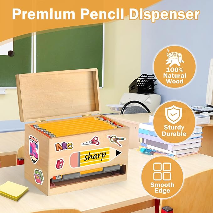 Pencil Dispenser for Classroom, Wooden Pencil Holder, Classroom Teacher Must Have, Pencils Straws Organization & Storage for Classroom Office Kitchen Restaurant (Wood color)