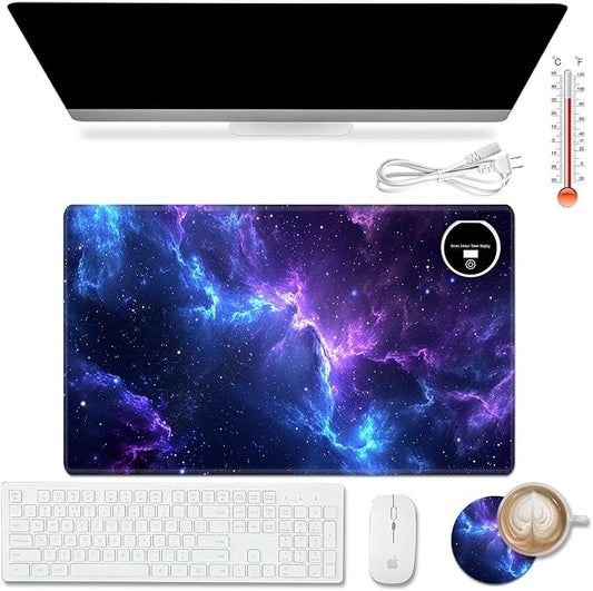 Heated Desk Pad Mouse Pad,Heated Desk Mat,with 3 Heating Levels & 3 Hours Auto Shut-Off,Leather 23.6"*14.2" Gaming Mouse Laptop Mat,Foot Warmer,Blue Purple Glitter Sky