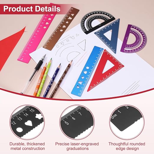 PATIKIL 4 Pcs Geometry Drafting Tool, Aluminum Alloy Geometry Kit Math Tool Includes 20cm L Ruler Protractor Triangles for Drafting Angle Measure Simple Science Experiment, Black