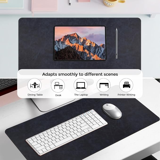 CHEERYGOO Faux Leather Desk Mat - Waterproof Mouse Pad, Non-Slip PU Leather Blotter, Writing Surface for Office and Home 47"x17" XXL Dark Blue