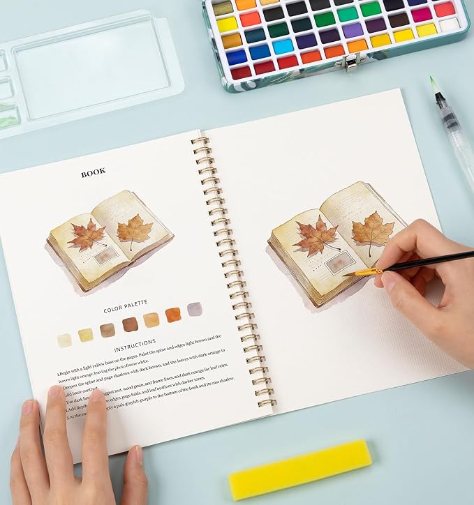Watercolor Workbook, Water Coloring Book, 12 Different Patterns of Original DIY Designs, 50 Colors Watercolor Paint Set with Palette and Brush, Beginner-Friendly Watercolor Workbooks (Nature Objects)