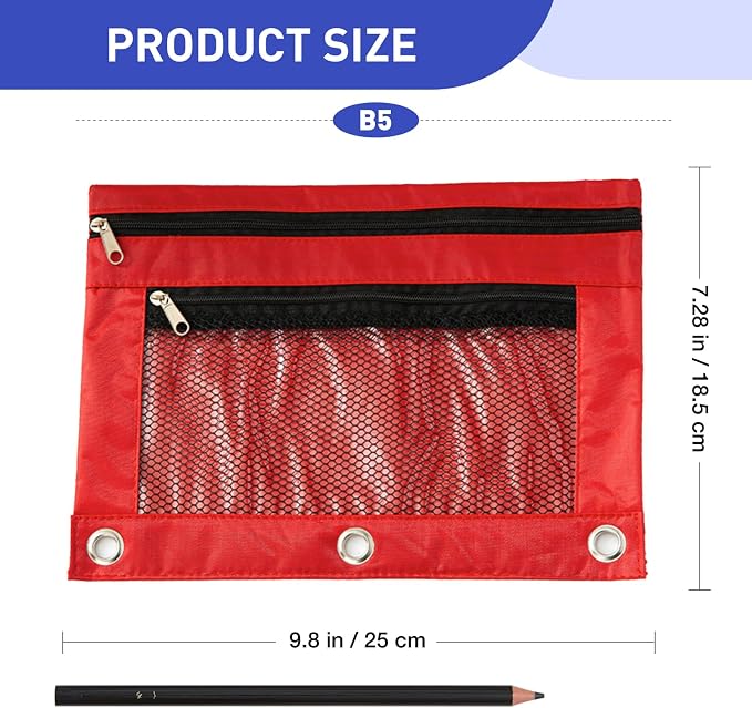 Pencil Pouch for 3 Ring Binder - 3 Hole Zipper Pen Case Bag Holder Bulk Accessories Clear Window Aesthetic Organizer Pockets (Red)