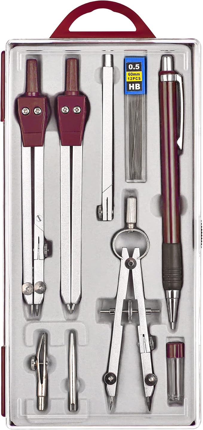 Unjoo 9Pcs Precision Geometry Set Metal Compass,Geometry Tool Set (Brown) | Shatterproof Storage Box, Circle Drafting Tool and Architecture, Drafting Kits for Engineers Students