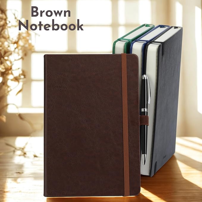 SETTINI® Hardcover Lined Journal Notebook A5 120 GSM Lay-Flat, Mocha Brown | lay-flat binding, 120 GSM thick paper, A5, lined, ribbon bookmark, elastic closure, for men
