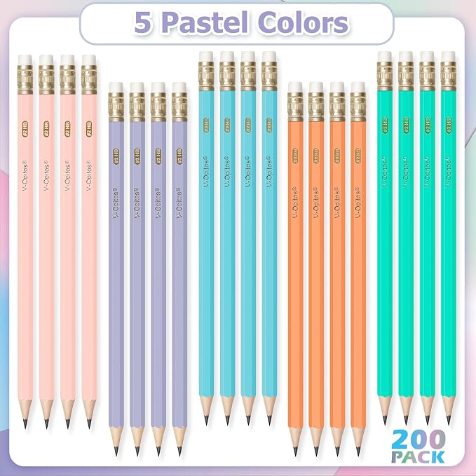 V-Opitos 200 Pack Bulk Pre-Sharpened Pastel #2 HB Wood-Cased Pencils | Color Pencils with Top Erasers, School Teacher Supplies, Writing, Drawing and Sketching
