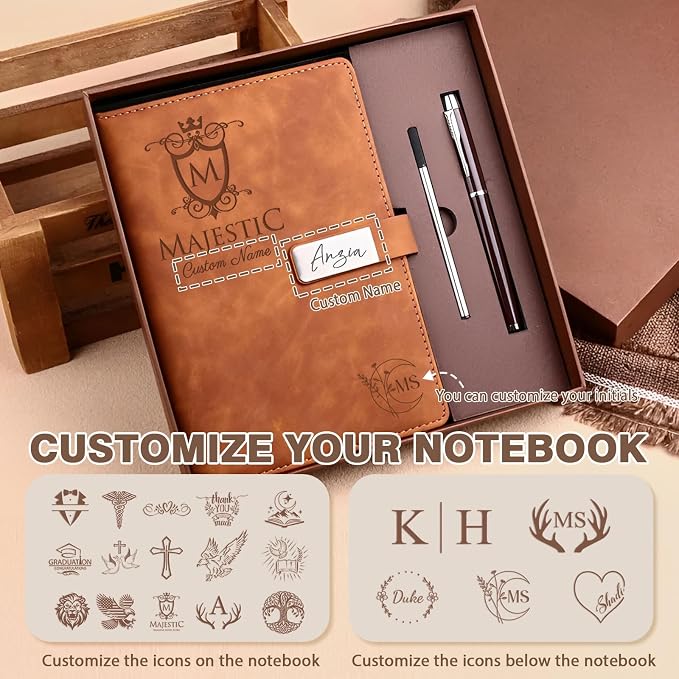 Personalized Leather Journal Notebook with Pen Gift Set - Custom Executive Hardcover A5 Writing Diary with Magnetic Closure for Men, Women, Business, Graduation, Birthday, Corporate Gifts (personalized notebook and pen set)