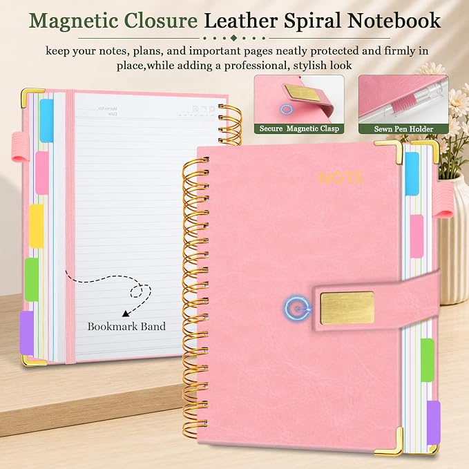 Hardcover Spiral Notebook 8''x 10'' College Ruled Notebook with Magnetic Closure, 300 Pages 5 Subject Notebooks with Pocket Dividers for Work School, B5 Leather Journal for Women, Men (Pink)