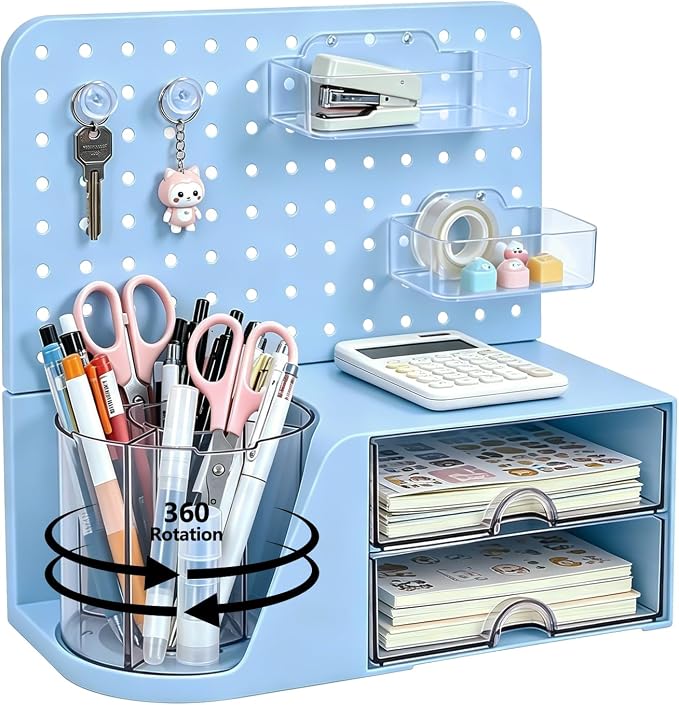 Desk Organizer with 360° Rotating Pen Holder, 5 Slots, 2 Drawers & Pegboard for Office School Art Supplies (Blue)