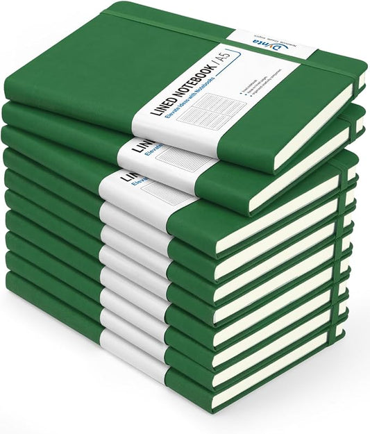 Dynta Hardcover Journal Notebooks, 10 Packs A5 Lined Journals Bulk for Writing 200 Pages/100Sheets, 8.4 x 5.8 inch, Classic Ruled Notebook for Work/Travel/College/Note Taking(Dark Green)