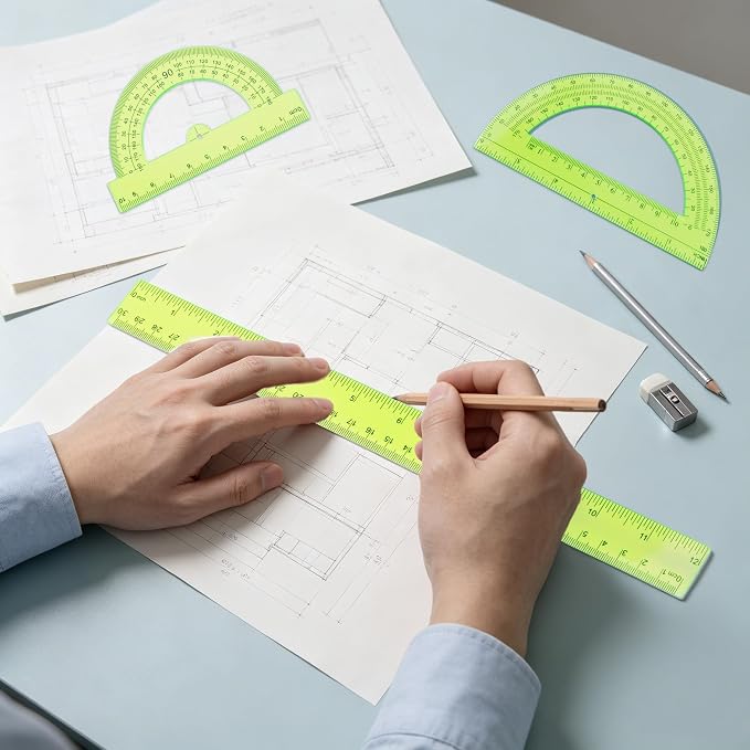 Plastic Clear Ruler Math Set - 6'' 12'' Transparent Straight Ruler, 4'' 6'' Protractor, 30/60 & 45/90 Triangle Ruler, Geometry Math Measuring Tool for School Home Office Drawing Teachers Kids Yellow
