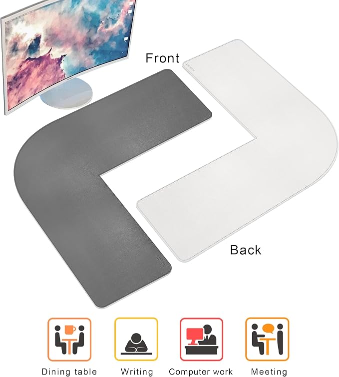 Chihein L-Shaped PU Leather Desk Pad (41.3” + 41.3”) x 12.99”(Gray/White), Reversible Gaming Corner Desk Mat, Computer Office Mouse Pad for Home Office