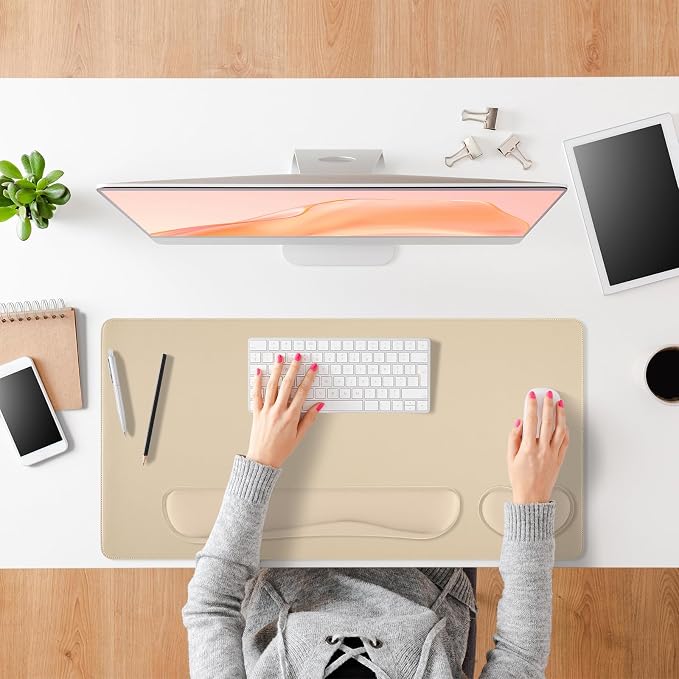 Beige Leather Desk Pad and Keyboard Wrist Rest, 3in1 Mouse Pad + Keyboard Wrist Rest + Mouse Wrist Rest, Non-Slip Waterproof Desk Writing Pad for Office and Home (27.6"×13.8")