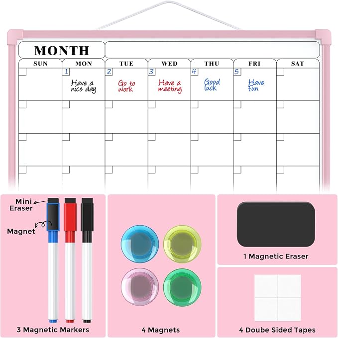MaxGear Monthly Calendar Dry Erase Board for Wall, 16"x12", Pink Frame | Double-Sided, Hanging Small White Board, Portable Whiteboard for Planning, Drawing, Memo, to Do List, Home, Kitchen, Office