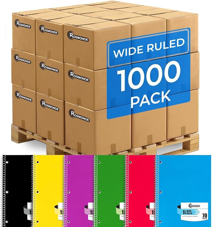 Rosmonde 1000 Packs (Pallet) 1 Subject Notebooks, Wide Ruled, Pallet of Notebooks, 70 Sheets (140 pages), 8 x 10-1/2", Spiral Notebook Bulk, Bulk Spiral Notebooks for School & Office, 4-7 Days Transit