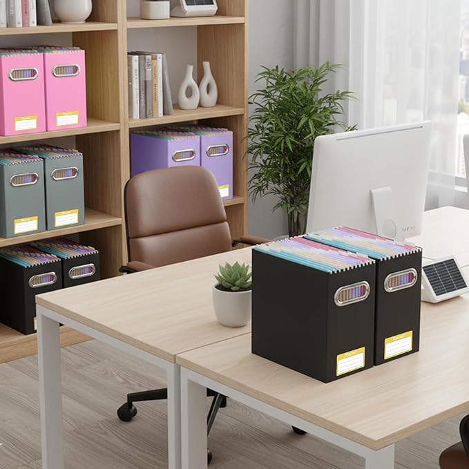 BALEINE File Organizer Box, Cardboard File Folder Organizer with Handle for Letter Size, Portable Collapsible Hanging Filing Box for Home Office Document Storage (4 Pack, Lavender)