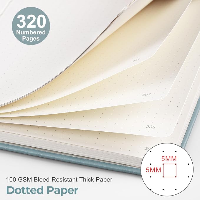 EMSHOI Dotted Journal Notebook, 320 Pages, A5 Size (5.7'' x 8.3'') | Leather Hardcover, 100 GSM Thick Paper, for Journaling, Planning, Tracking & Sketching, Sun Debossed (Grayblue)