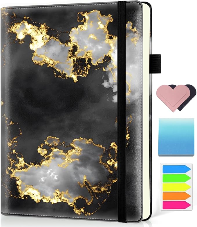 Hardcover Executive Notebooks, A5 PU Leather Lined Journal Notebook, 200 Pages Thick Paper Subject Notebooks for School,Work,Home Writing Business Notebook,Gilded Grayscale Nebula Marble