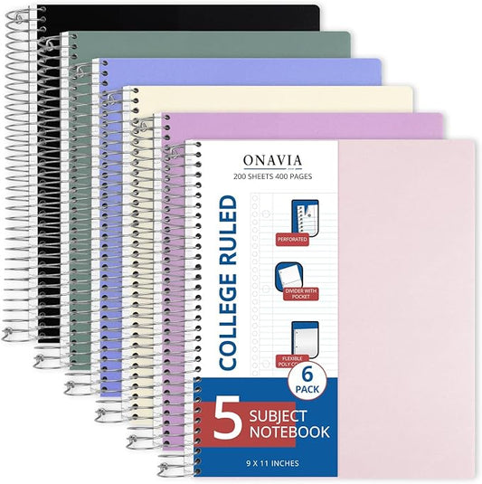 ONAVIA 5 Subject Spiral Notebook College Ruled 6 Pack, 400 Pages, Assorted | 200 Sheets, 9 x 11 in, 6 Pack Waterproof Plastic Cover, Durable, School Notebooks, Classroom, Teachers