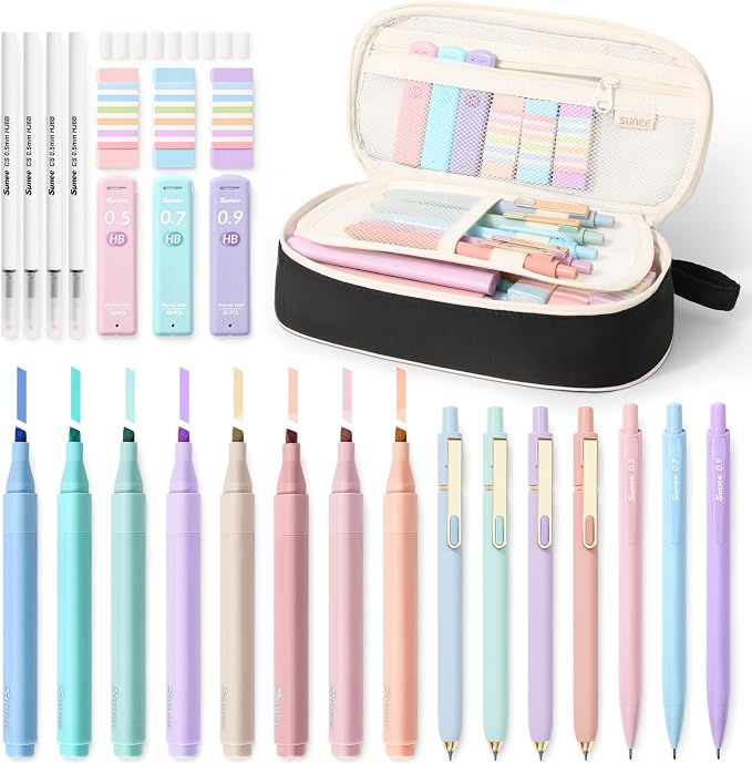 SUNEE 35PCS Aesthetic Stationery Set with Cute Pencil Case, Pastel Highlighters, Black Gel Pens, Mechanical Pencils & Refills, College School Supplies for Students Black