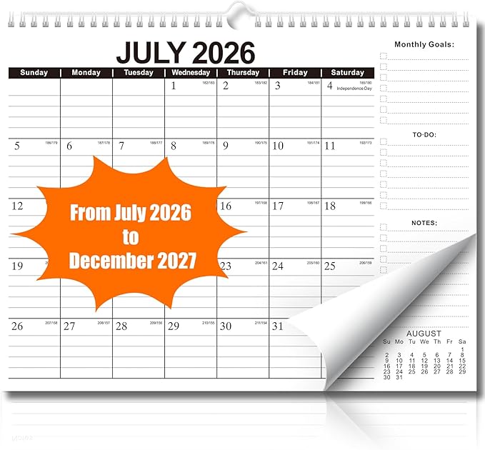 2026-2027 Wall Calendar – July 2026 to Dec 2027, 18 Months, 11 x 8.7 Inches, Monthly Calendar with Major Holidays, Julian Dates, Durable Paper, for Family Planning