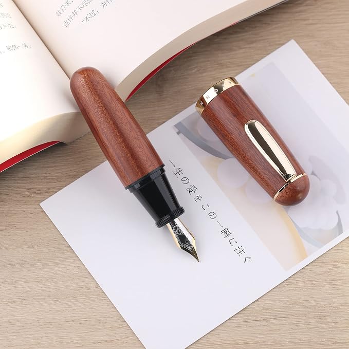 Lanxivi Majohn Q1 Fountain Pen Fine Point Brown Wood, Eyedropper Filling Pocket Pen Large Capacity