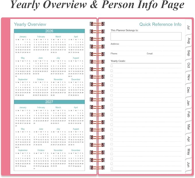 2026-2027 Pocket Planner/Calendar - 2026-2027 Planner from July 2026 - June 2027, Planner 26-27 with 12 Tabs, Twin-Wire Binding, Inner Pocket, 3.75" x 6.75, Pink