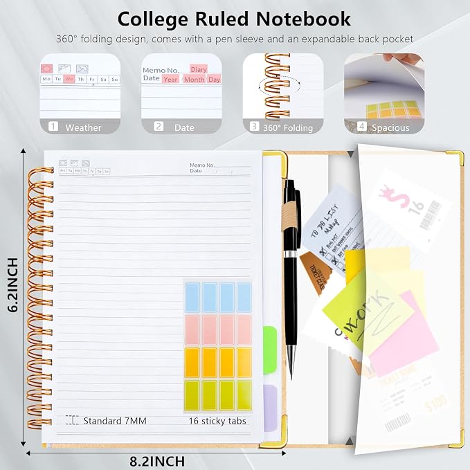 Hardcover Spiral Notebook College Ruled, 6.2"x 8.2" Leather Journal Notebook with Magnetic Closure, 300 Pages 5 Subject Notebook with Dividers Tabs Journal for Women Men, Work, School(Golden)