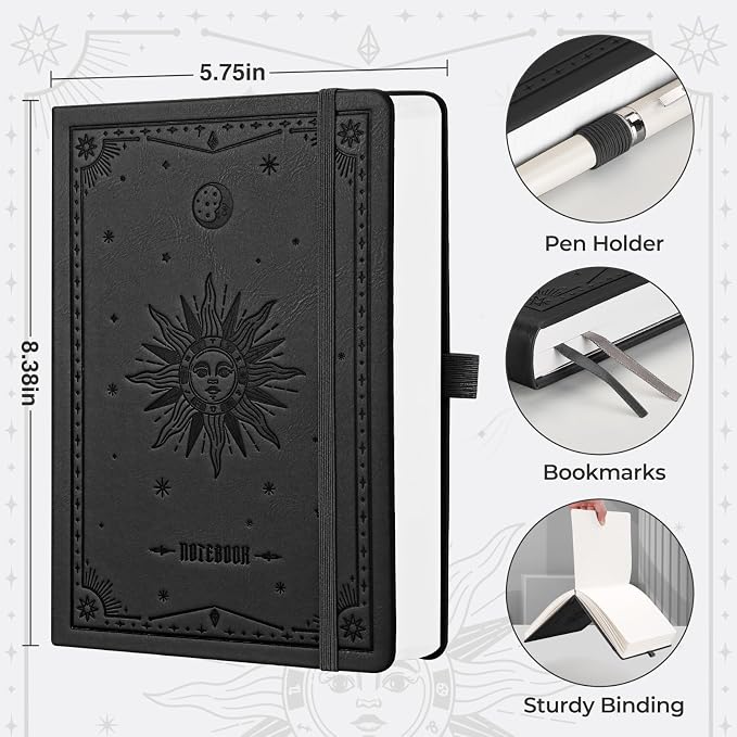 EMSHOI Graph Grid Journal Notebook, 320 Pages, A5 Size (5.7'' x 8.3'') | Leather Hardcover, 100 GSM Thick Paper, for School, Note Taking, Math, Engineering, Sun Debossed (Black)
