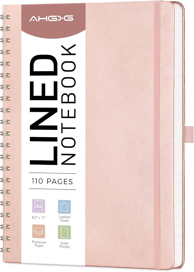 AHGXG Lined Spiral Journal Notebook, 110 Pages, A4 (8.5" x 11") | Journals for Women, Hardcover Leather Notebook College Ruled, 100 GSM Paper, for Work School Note Taking (Rose gold)