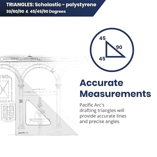 Pacific Arc's Scholastic Triangle - 8 inch - Clear - 45/90 Angle - Plain Edge - Polystyrene - Technical Drawing Tools, Drafting, Architect and Engineering.