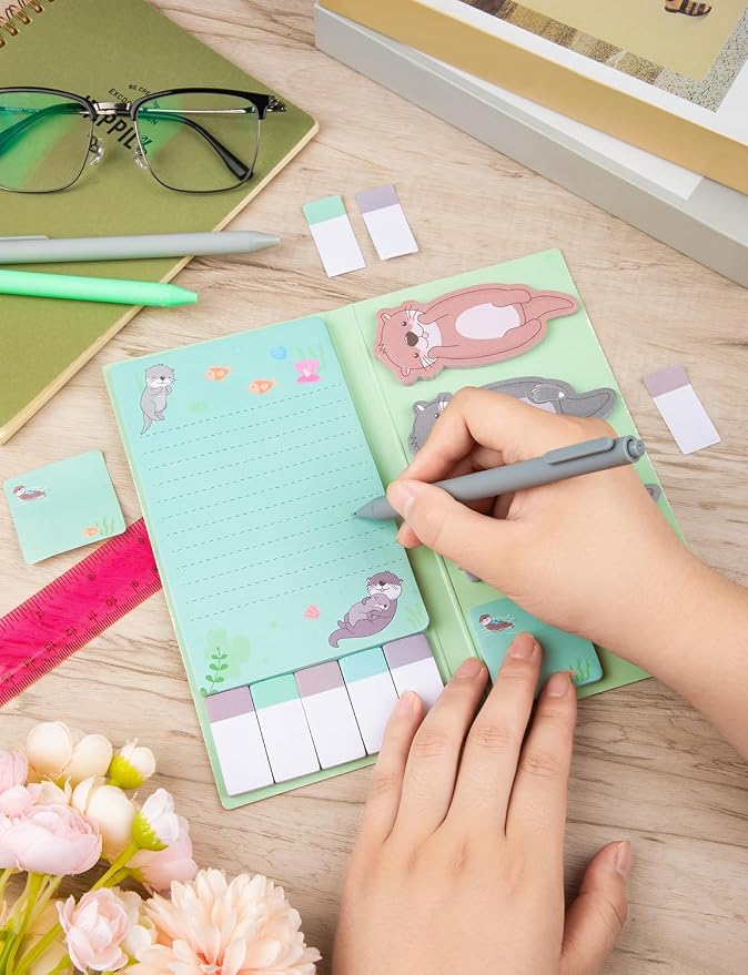 Cute Cartoon Otters Sticky Notes Teacher Appreciation Gift, Blackboard Self-Stick Note Pads with 3 Point Pens, Self-Adhesive Writing Memo Pages Back to School Office Supplies Small Gift
