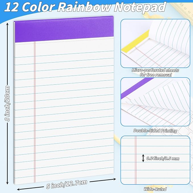 36 Pack Legal Pads 5 x 8 Inch Rainbow Notepads Wide Ruled Writing Pads | Wide Ruled Perforated Writing Pads for Office, School & Daily Notes; Colorful Memo Paper for Lists, Planning and Organization