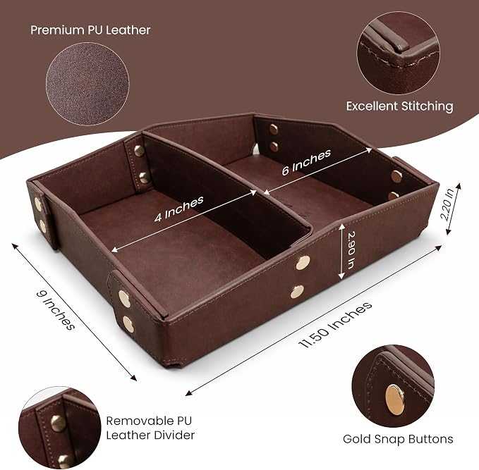 Valet Tray Organizer for Men & Women - PU Leather Catch All Tray with Removable Divider - EDC Storage for Keys, Watch, Phone - Nightstand, Dresser & Desk Organizer - Midnight Espresso