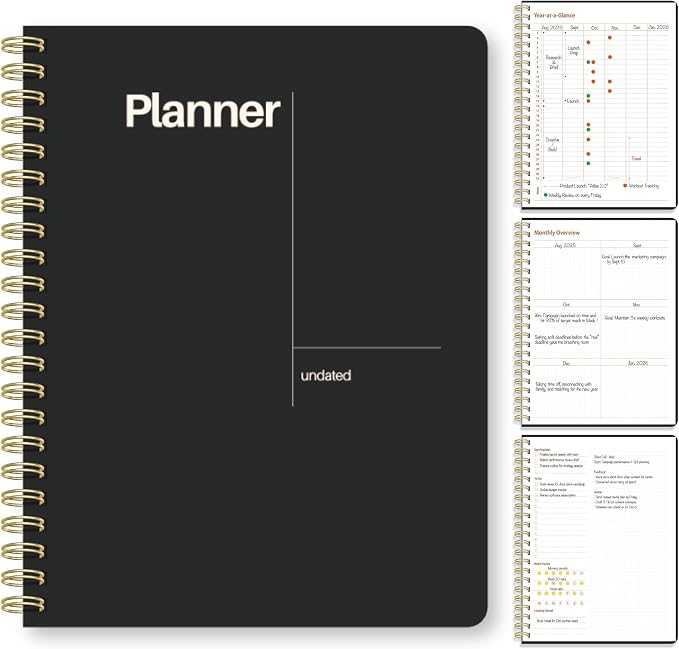 Undated Weekly Planner, 8.5" x 11", Dashboard Layout, Black | Dateless, Top Priorities, To Do List, Habit Tracker, Weekly Notes Space, Weekly Reflection, For Work, School & Life