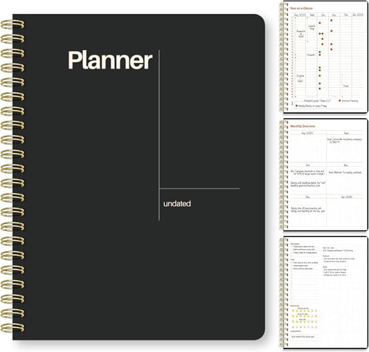 Undated Weekly Planner, 8.5" x 11", Dashboard Layout, Black | Dateless, Top Priorities, To Do List, Habit Tracker, Weekly Notes Space, Weekly Reflection, For Work, School & Life